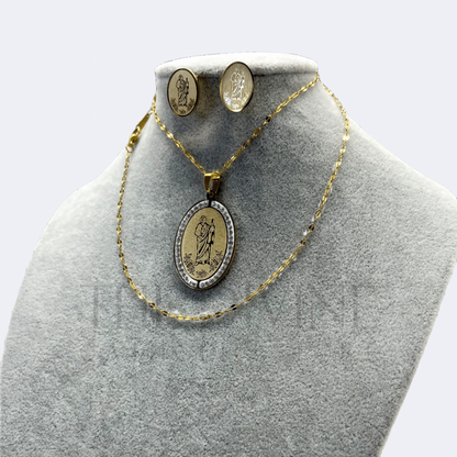 St. Jude Necklace with Earrings made from stainless steel, featuring a detailed St. Jude pendant and matching earrings, displayed on a neutral background.
