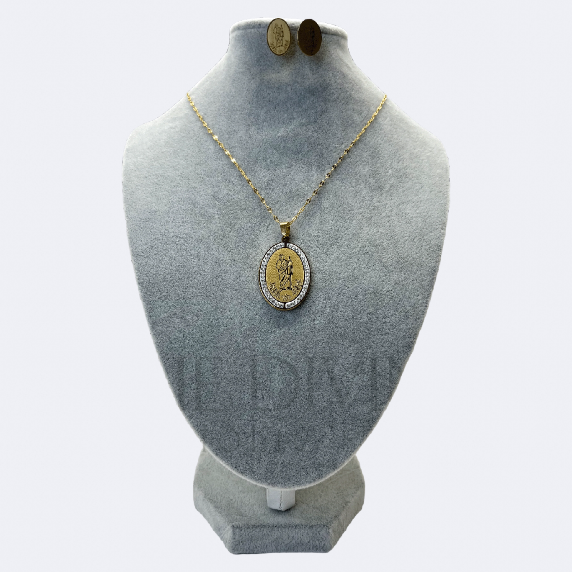 Close-up of St. Jude Necklace with Earrings in stainless steel, showcasing the intricate design of the St. Jude pendant and matching earrings.