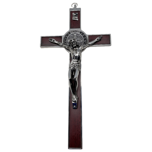 St. Benedict Crucifix with wood and silver-tone finish, featuring the St. Benedict Medal at the center.