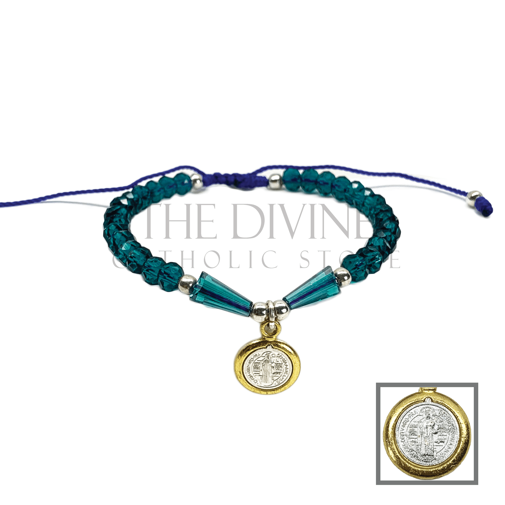 Front view of a blue St. Benedict Crystal Beaded Bracelet featuring vibrant blue beads and a silver and gold colored St. Benedict medal.
