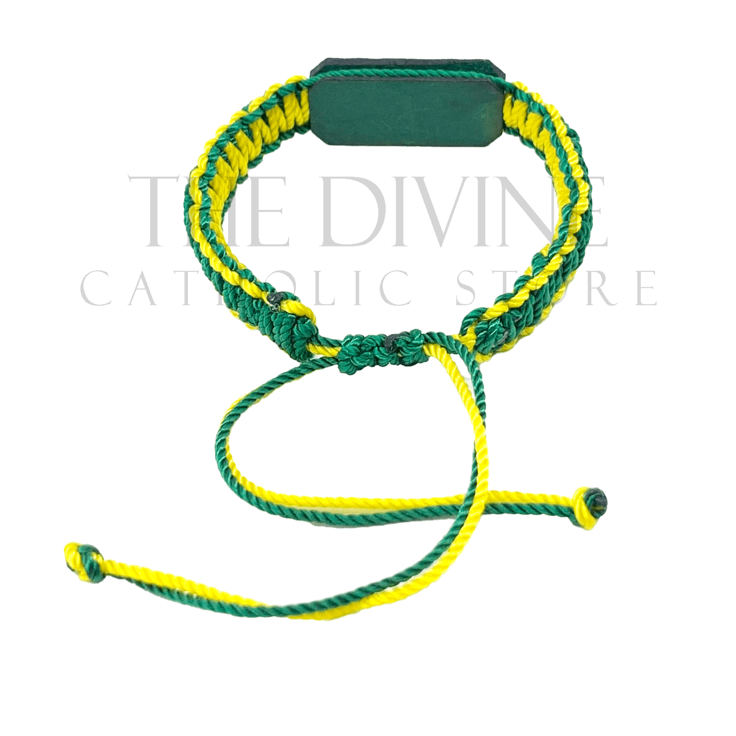 Green and yellow St. Jude bracelet featuring a braided green cord, vibrant yellow beads, and a central lacquered medallion of St. Jude.