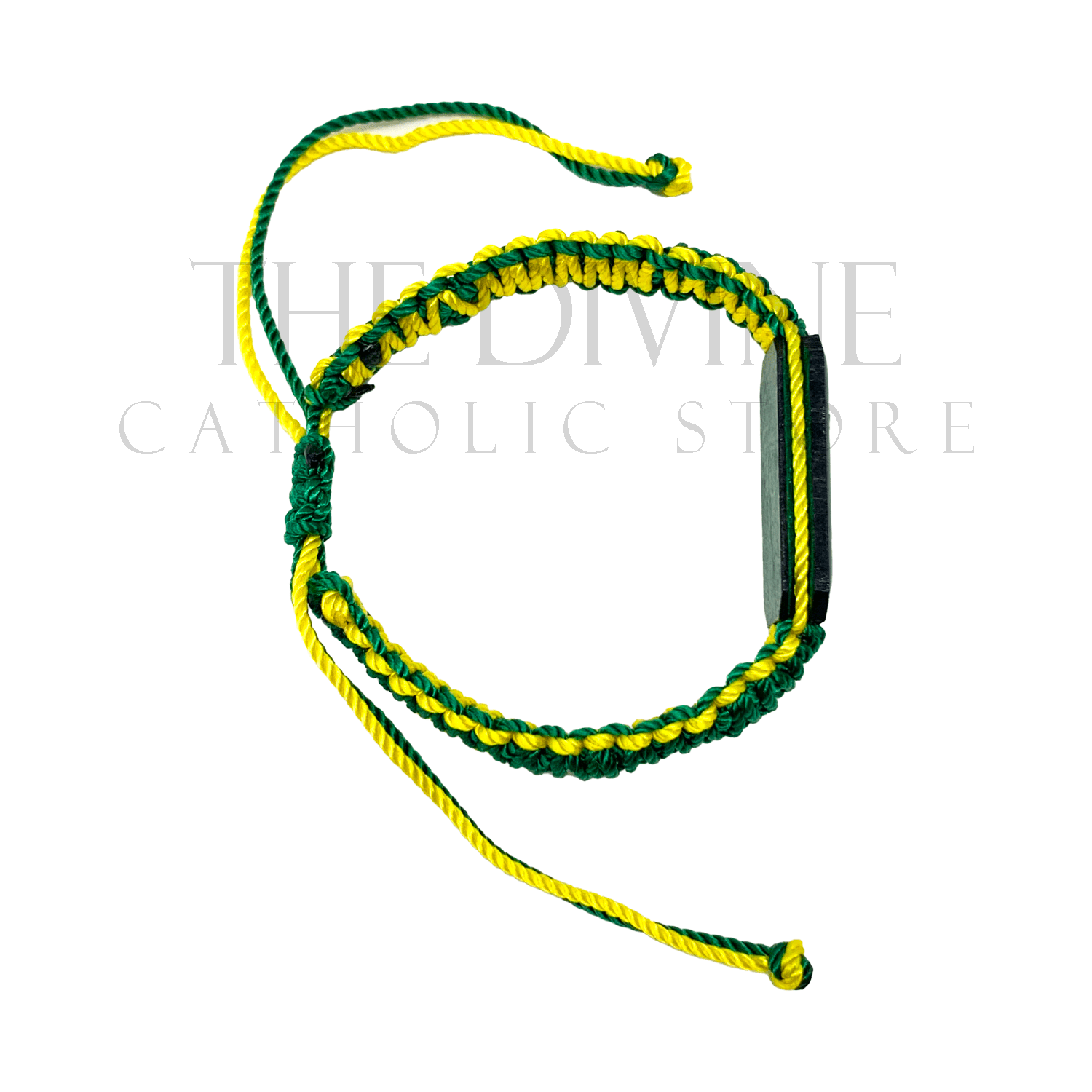 Faith-inspired green and yellow bracelet with an adjustable design and a lacquered image of St. Jude at the center.