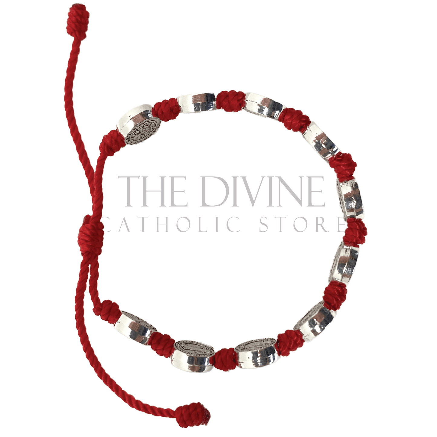 Top view of a St. Benedict 10 Medal red cord bracelet with oxidized silver accents, adjustable size on a white background. 
