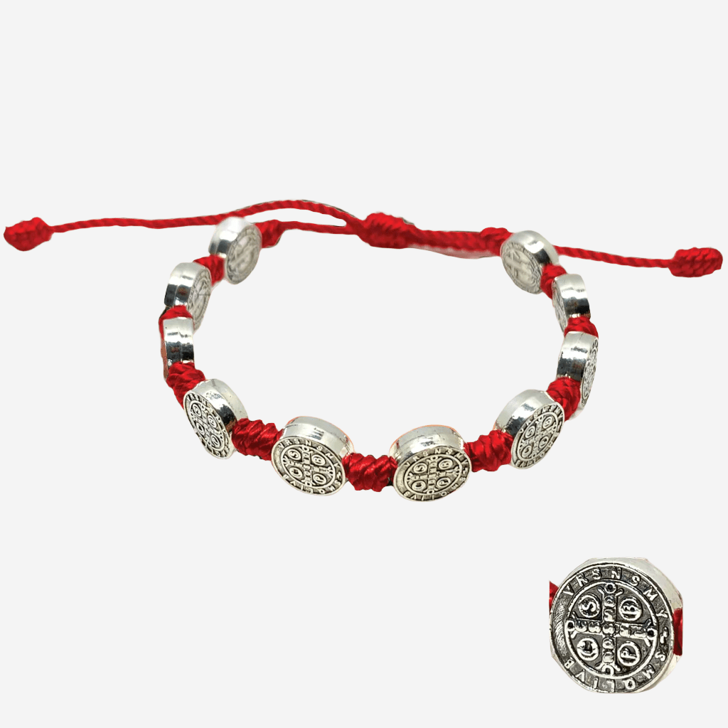 Front view of a St. Benedict 10 Medal red cord bracelet with oxidized silver accents, adjustable size on a white background. 