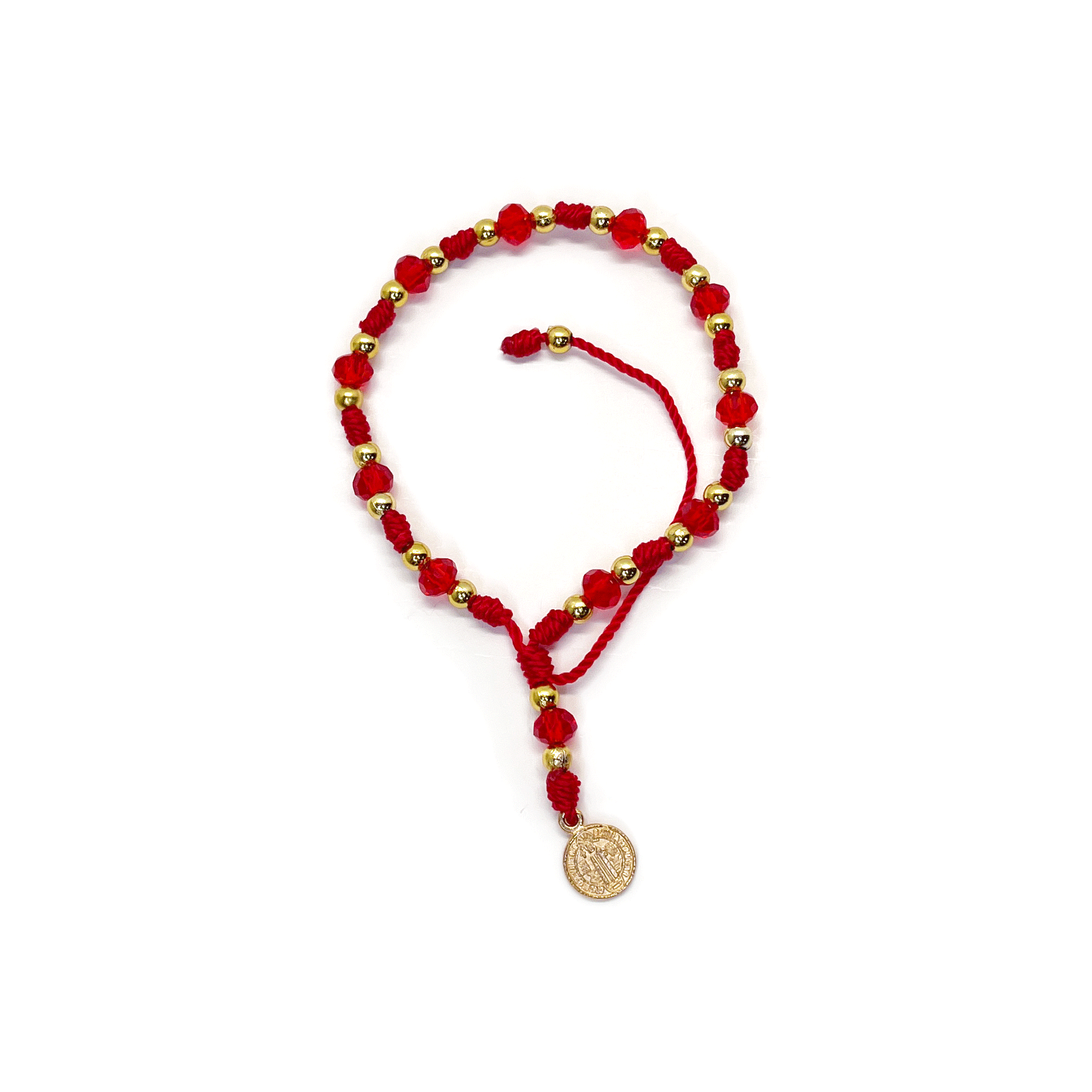 Handcrafted red St. Benedict beaded bracelet with faceted red beads, gold-tone accents, and an adjustable knot, featuring a St. Benedict medal charm.