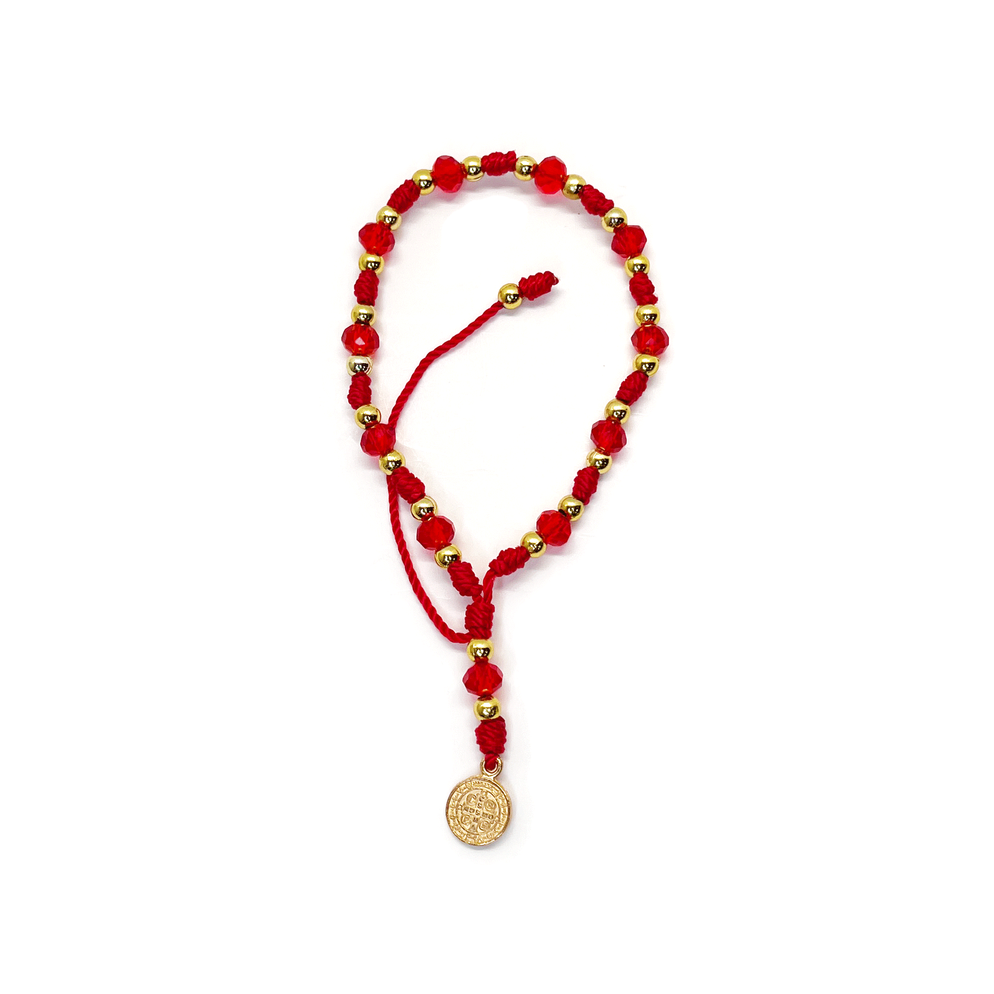 Elegant red and gold beaded bracelet with a St. Benedict medal charm, crafted with faceted red beads, gold spacer beads, and an adjustable cord for a perfect fit.