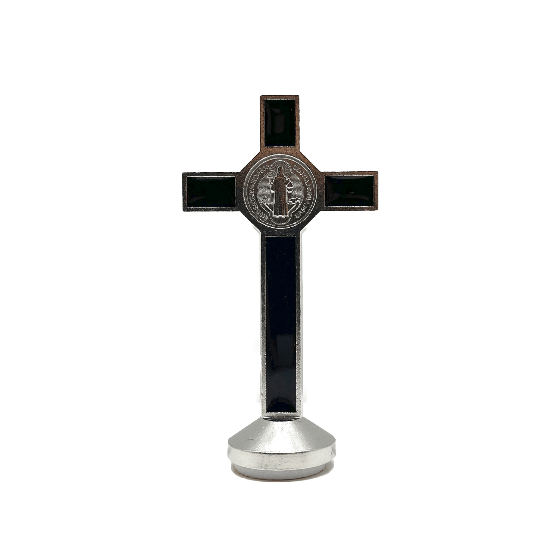 This 3 inch dashboard St. Benedict crucifix is black with a silver St.Benedict medal behind a silver corpus, silver-tone detailing and sturdy base with adhesive at bottom, back view.