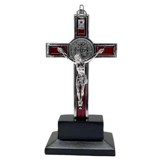 St Benedict Crucifix Standing with Wood Base 6 Inch