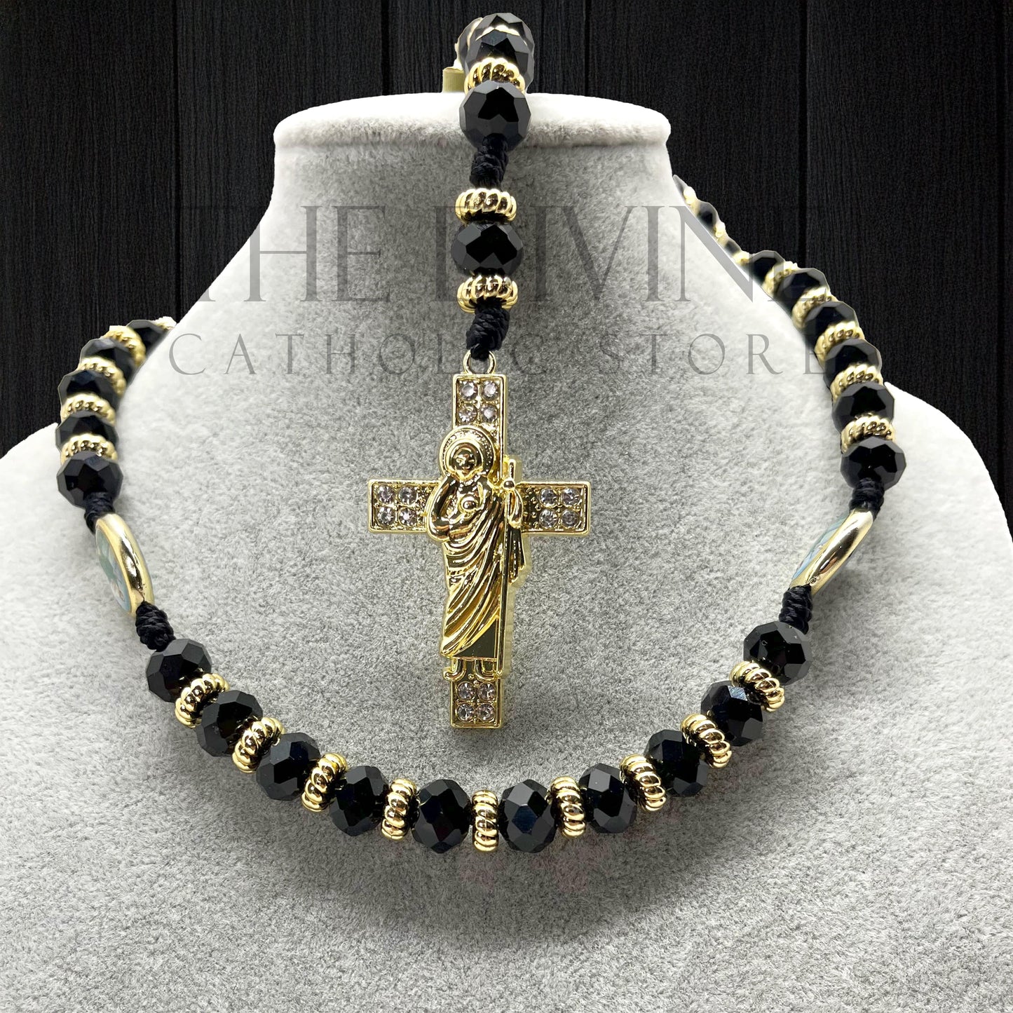 Close up of the St. Jude cross pendant with crystal rhinestones, beautiful detail on the crystal St. Jude rosary in black. 