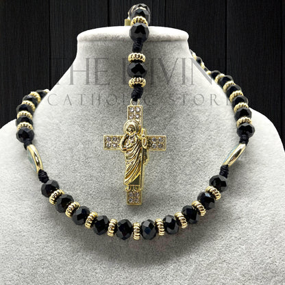 Close up of the St. Jude cross pendant with crystal rhinestones, beautiful detail on the crystal St. Jude rosary in black. 