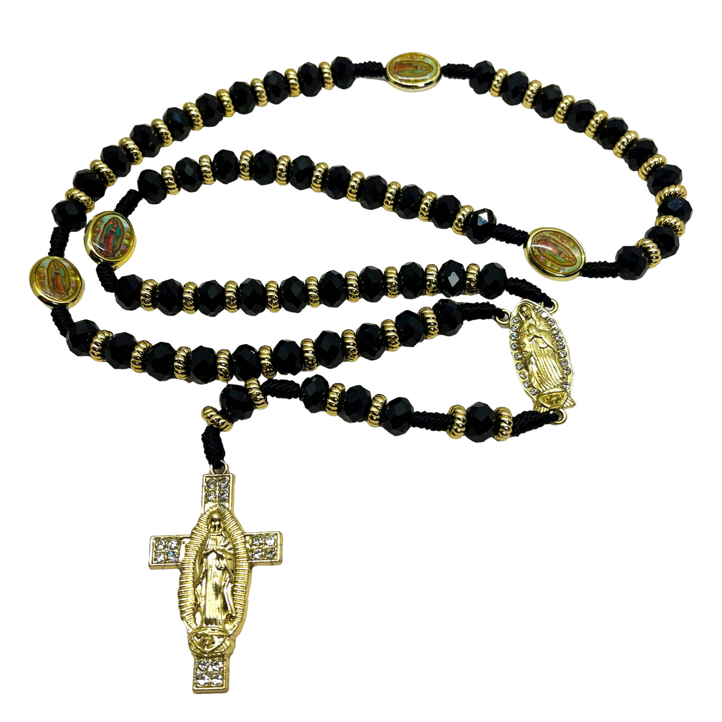 Black beaded Guadalupe rosary with gold crucifix and centerpiece on black nylon cord.