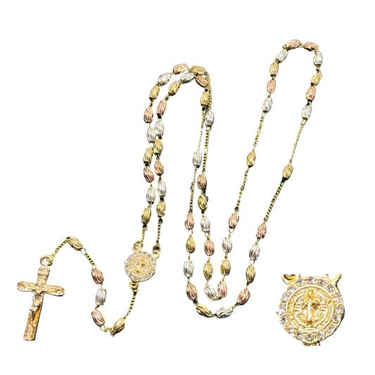 St. Benedict Tri-Color Stainless Steel  Rosary with Rhinestone Accents