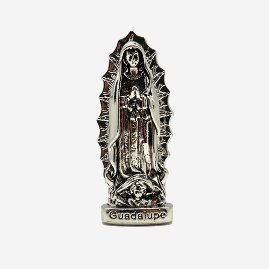 This silver dashboard Our Lady of Guadalupe figurine is great for small spaces or for vehicle, front view.
