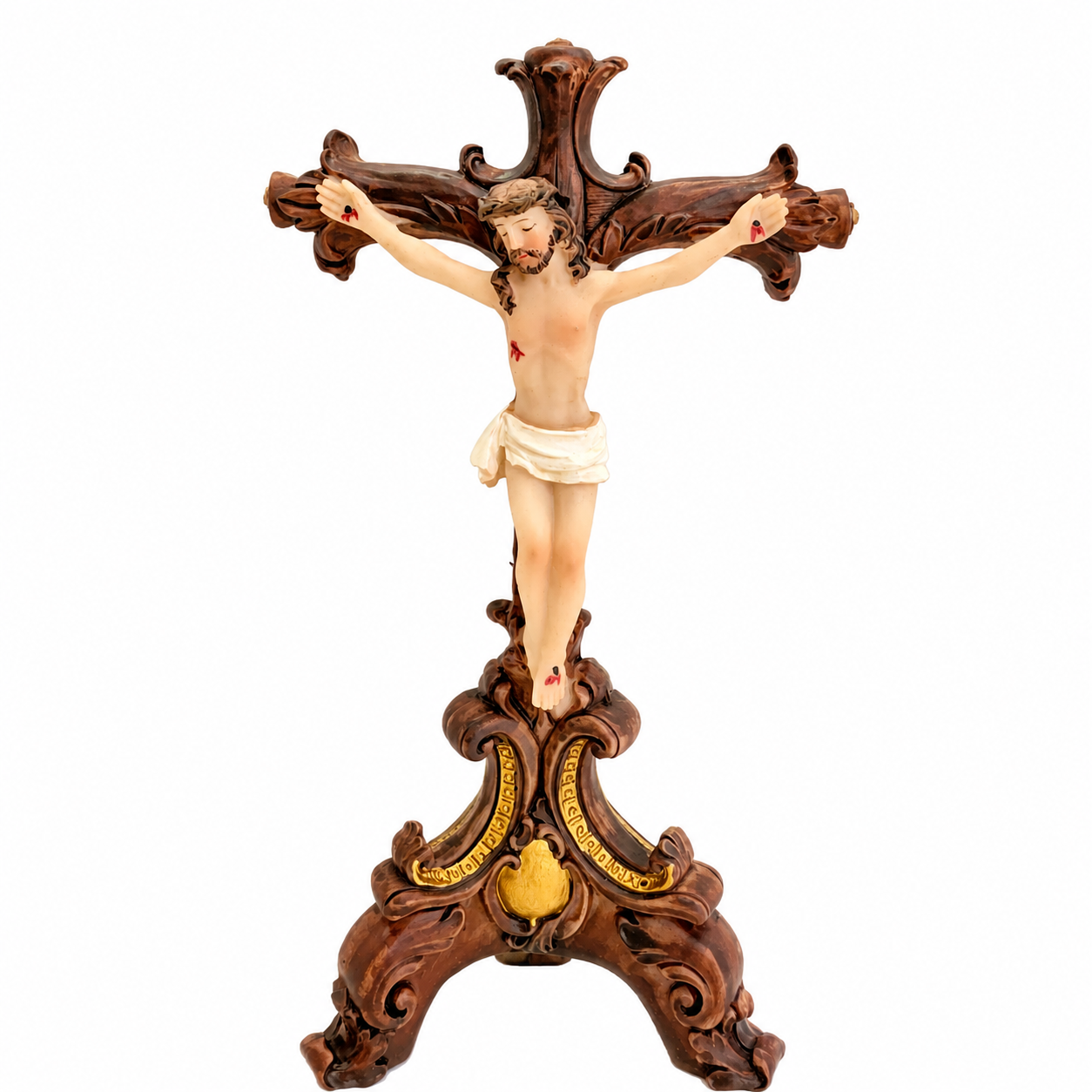 Traditional tabletop standing crucifix with hand-painted Jesus Christ figure, ornate dark walnut resin cross with gold accent base, front view
