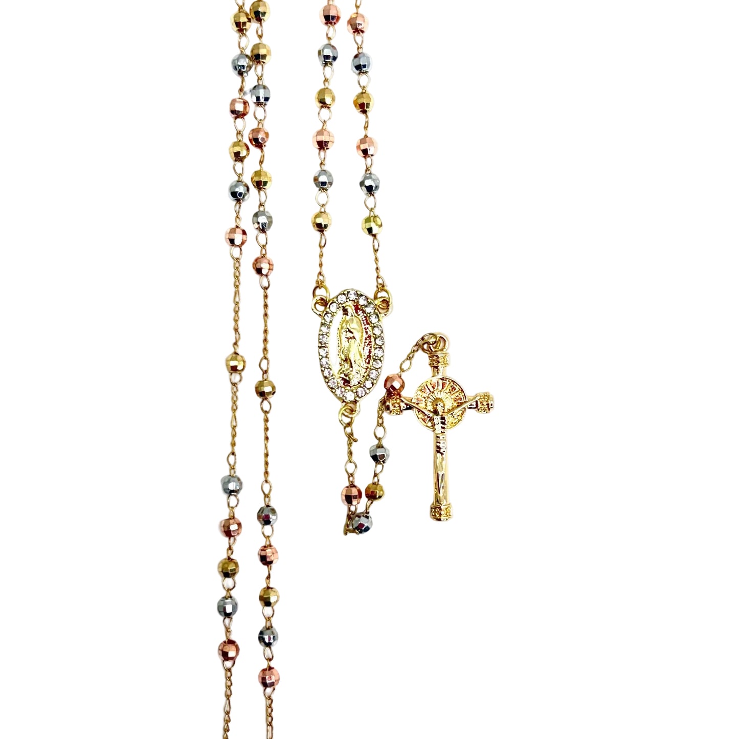 Tri-color stainless steel rosary with textured round beads and Our Lady of Guadalupe cubic zirconia centerpiece close-up view