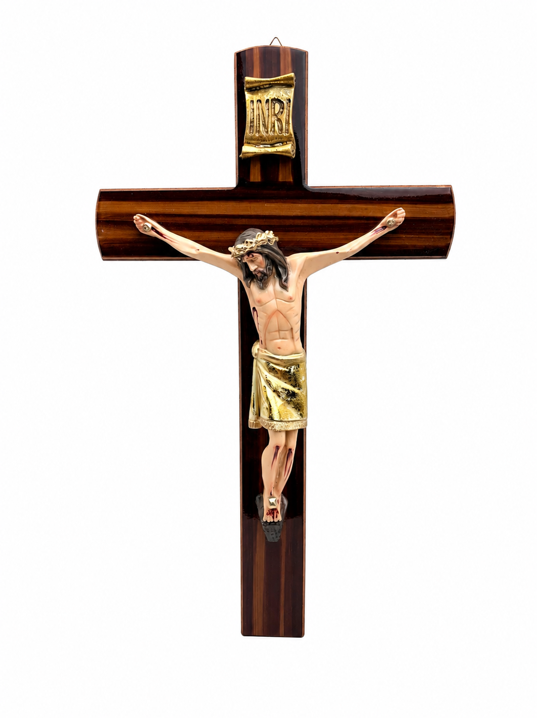 Wall crucifix 20 inch dark wood tone cross with hand painted Jesus Christ corpus gold INRI plaque and crown of thorns front view