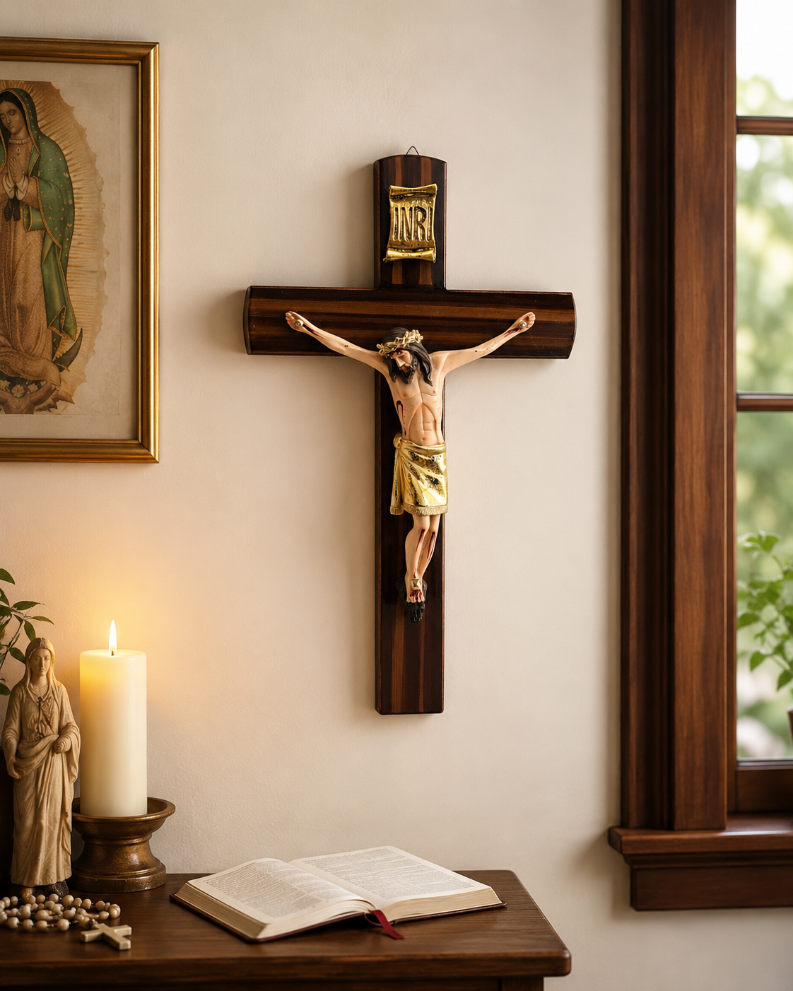 Dark wood wall crucifix with Jesus Christ corpus and gold INRI plaque hung on wall in catholic home prayer room lifestyle photo