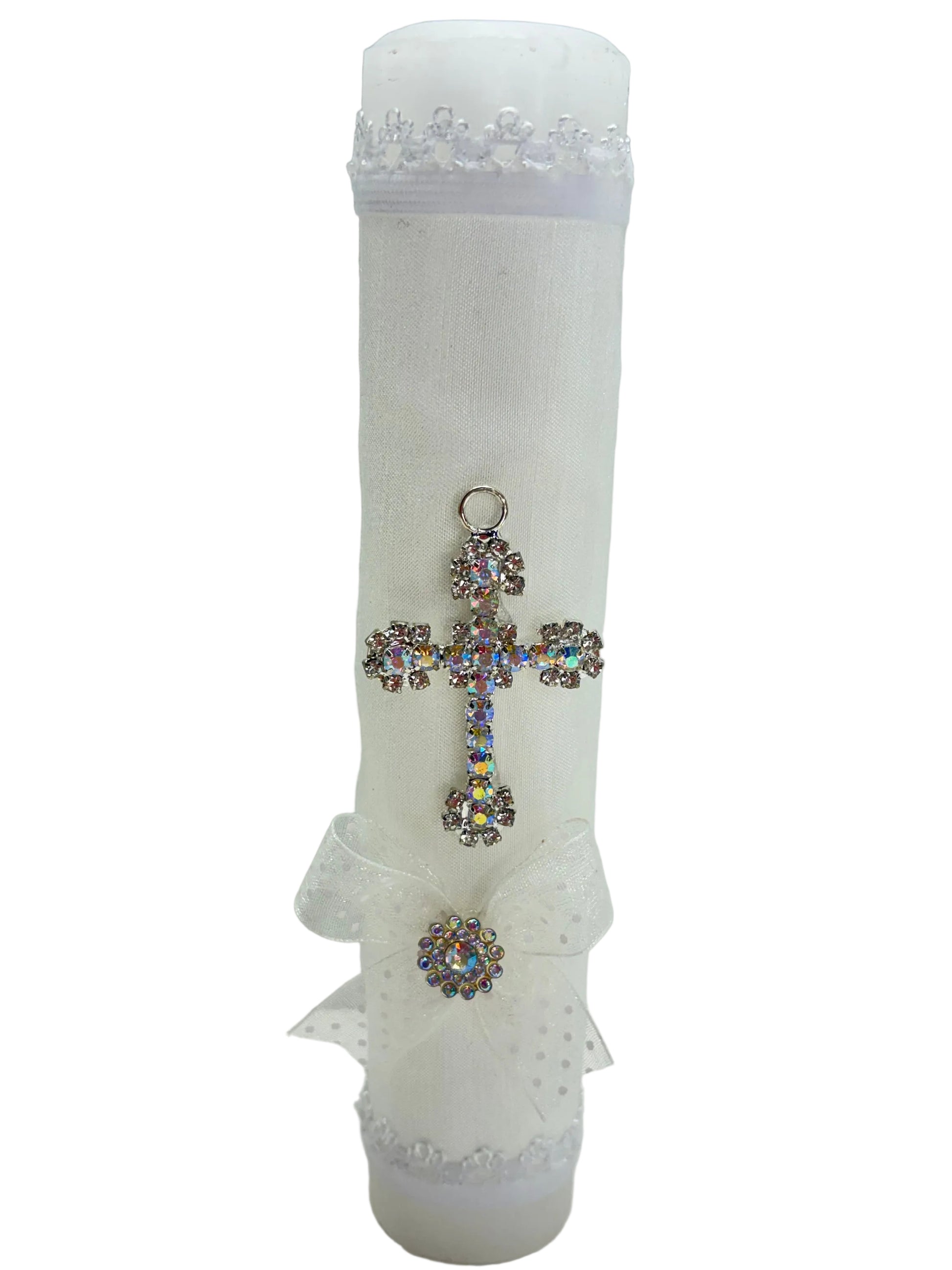 White baptism candle with rhinestone cross and ribbon bow