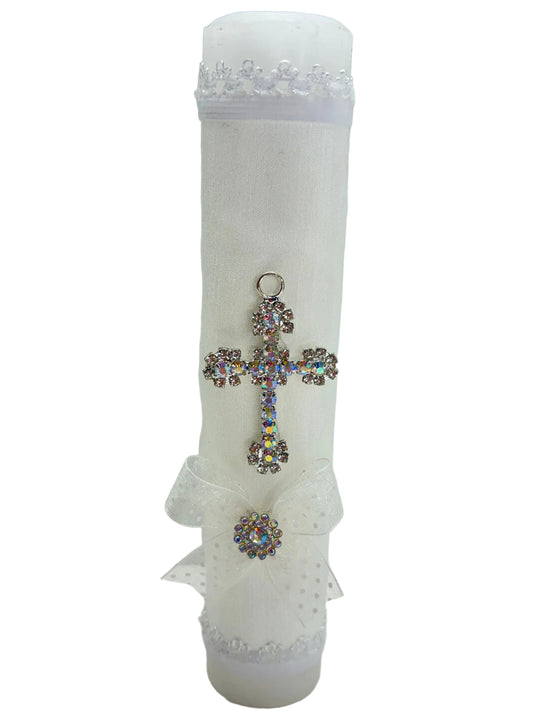 White baptism candle with rhinestone cross and ribbon bow