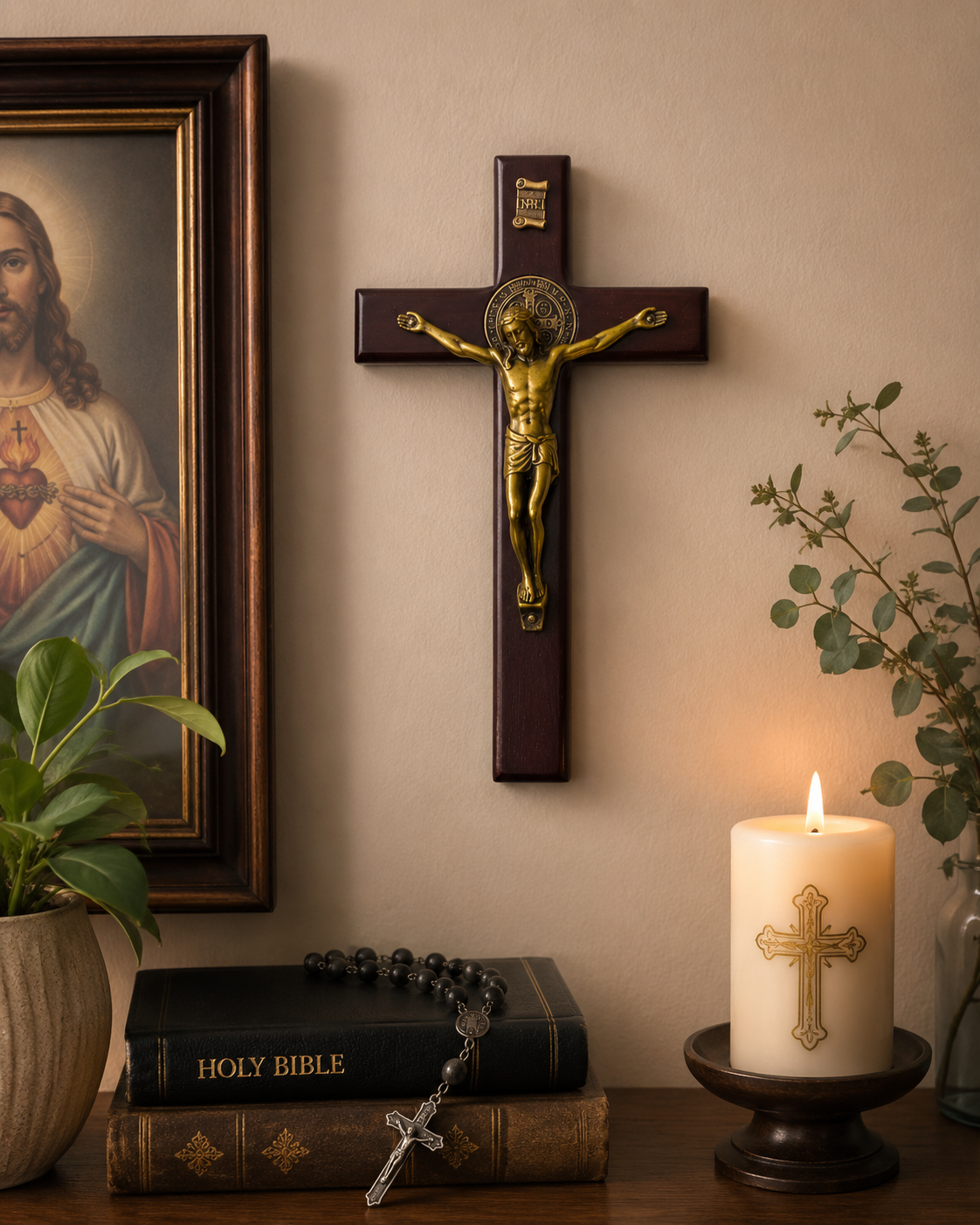 6 inch wooden St Benedict wall crucifix displayed with candle rosary and Holy Bible Catholic home decor